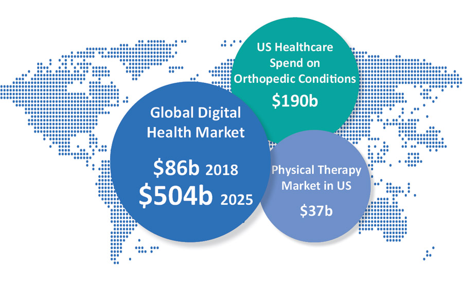 Market Opportunity: Global Health Market: $86b 2018; 504b 2025. US Healthcare Spend on Orthopedic COnditions: $190b. Physical Therapy in US: $37b